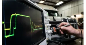 CAN bus oscilloscope waveform showing dominant-to-recessive edge with ringing caused by network calibration fault in a heavy-duty truck diagnostic setting