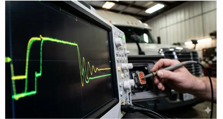 CAN bus oscilloscope waveform showing dominant-to-recessive edge with ringing caused by network calibration fault in a heavy-duty truck diagnostic setting