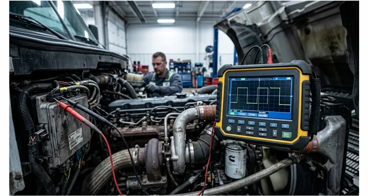 Digital oscilloscope capturing a clean camshaft sensor waveform on a Freightliner Cascadia heavy-duty truck engine during cold-start diagnostics in a fleet shop.