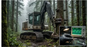 Feller buncher in rainy forest with close-up of shielded PTO solenoid connector and oscilloscope showing clean J1939 CAN bus waveform after EMI fix.