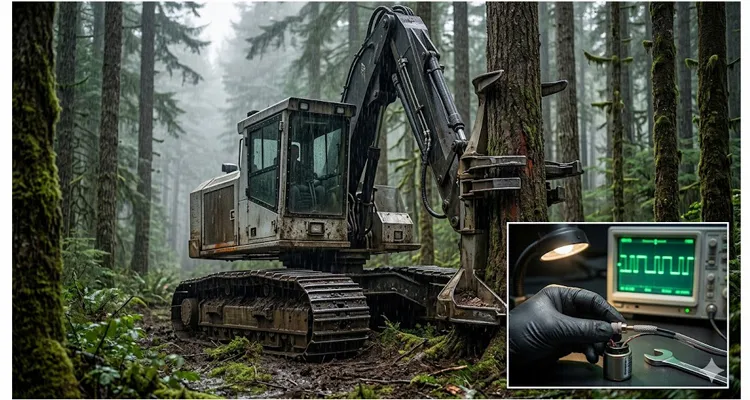 Feller buncher in rainy forest with close-up of shielded PTO solenoid connector and oscilloscope showing clean J1939 CAN bus waveform after EMI fix.