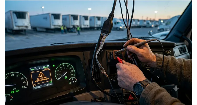 Oscilloscope probing a heavy-duty truck J1939 diagnostic port with a degraded aftermarket telematics Y-splitter cable causing bus errors and ghost fault codes