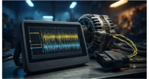 Oscilloscope showing J1939 CAN bus waveform corrupted by alternator ripple causing phantom derate in heavy-duty truck