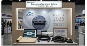 Cable assembly factory booth 9G14 with sample J1939 harness, OBD-II cable, and crimp cross-section analysis at AsiaWorld-Expo 2026