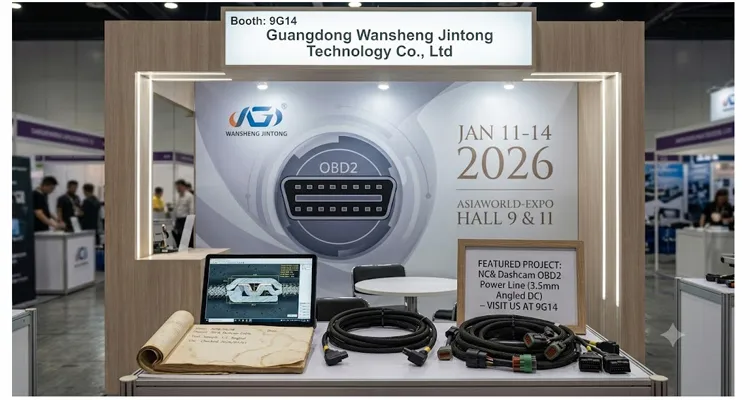 Cable assembly factory booth 9G14 with sample J1939 harness, OBD-II cable, and crimp cross-section analysis at AsiaWorld-Expo 2026