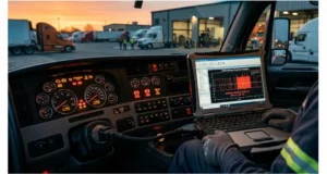 Dashboard warning lights and J1939 CAN bus waveform showing duplicate source address during a failed engine repower calibration audit