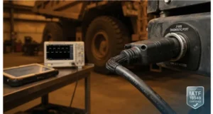 IATF 16949 certified heavy-duty diagnostic cable connected to mining truck J1939 diagnostic port with CAN bus waveform on scope