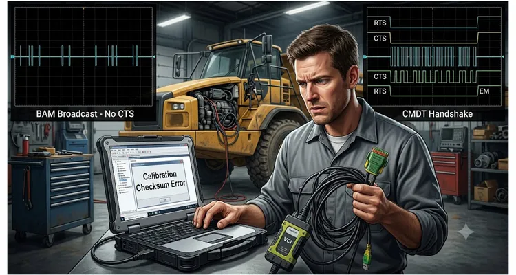 J1939 BAM vs CMDT transport protocol mismatch CAN trace comparison showing missing CTS handshake and calibration error