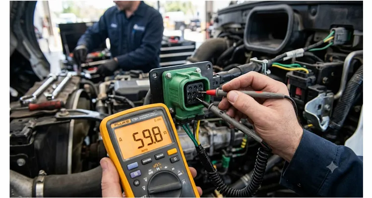 Technician using a digital multimeter to measure resistance on a J1939 9-pin diagnostic connector for CAN bus troubleshooting without an oscilloscope