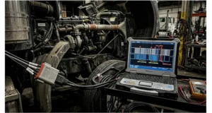 J1939 source address conflict causing calibration fault shown on a CAN bus oscilloscope trace next to a truck diagnostic connector