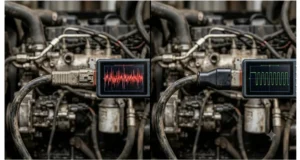 J1939 split termination vs standard 120 ohm resistor comparison on CAN bus backbone with oscilloscope showing clean vs noisy differential signal