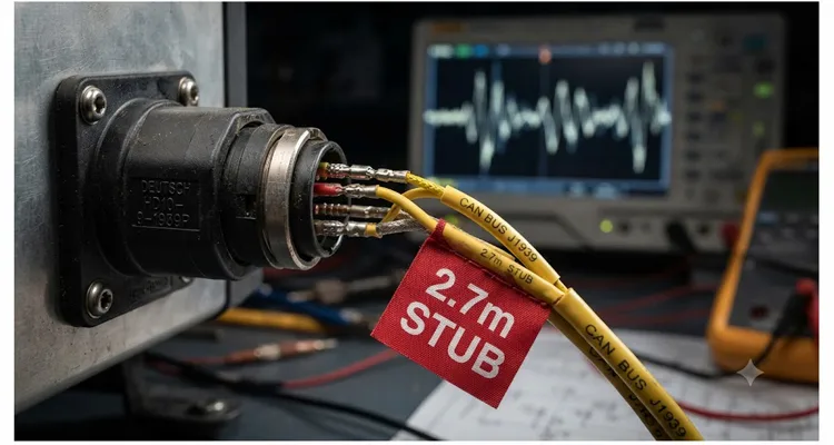A 2.7-meter stub cable on a J1939 backbone causes visible signal reflection on an oscilloscope screen.