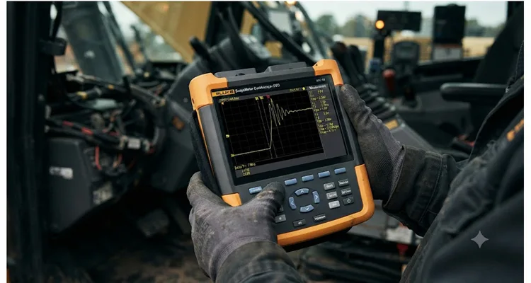 Oscilloscope screen showing J1939 differential waveform with overshoot ringing and edge rate measurement cursors