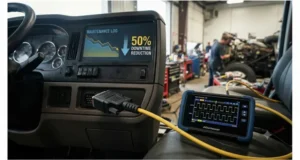Structured J1939 diagnostic workflow reducing fleet downtime by 50 percent with oscilloscope and 9-pin breakout connector on a heavy-duty truck