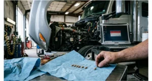 Eight brand-new 120-ohm resistors on a paper towel in a truck repair shop, illustrating the common misdiagnosis of CAN bus issues where software faults are mistaken for bad termination.