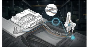ECU ground offset diagram showing 10mV difference between sensor ground and ECU ground in automotive harness
