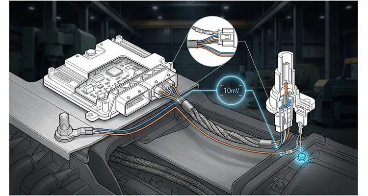 ECU ground offset diagram showing 10mV difference between sensor ground and ECU ground in automotive harness
