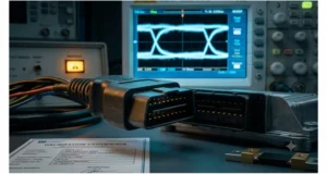 OBD cable assembly connected to truck ECU with oscilloscope showing CAN bus eye diagram collapse due to calibration mismatch