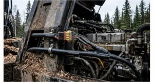 Custom J1939 backbone harness with polyurethane jacket and gold-plated Deutsch DT connectors installed in a forestry harvester for extreme-duty CAN bus reliability