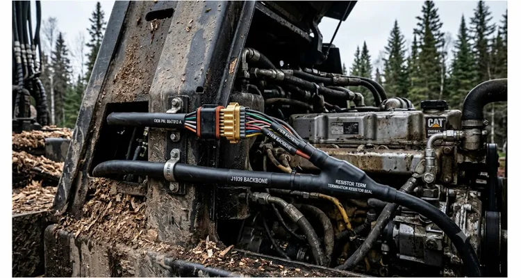 Custom J1939 backbone harness with polyurethane jacket and gold-plated Deutsch DT connectors installed in a forestry harvester for extreme-duty CAN bus reliability