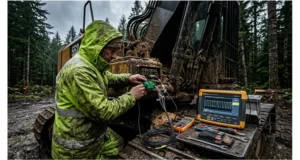 Technician diagnosing J1939 CAN bus faults on a feller buncher in the Pacific Northwest with an oscilloscope and breakout cable before upgrading the forestry CAN harness