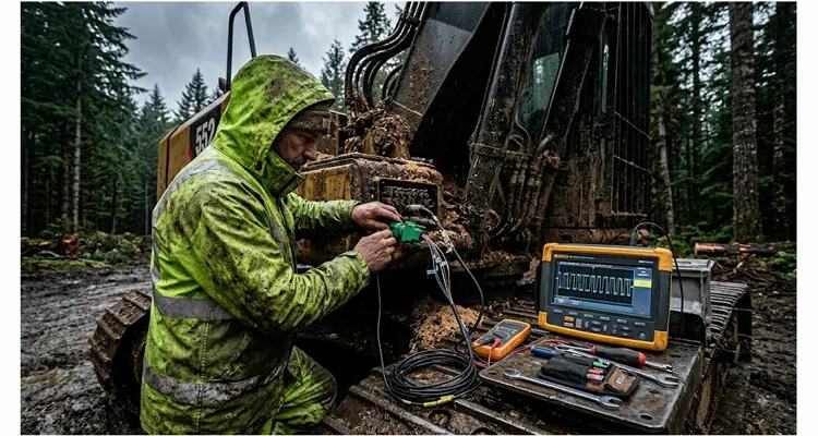 Technician diagnosing J1939 CAN bus faults on a feller buncher in the Pacific Northwest with an oscilloscope and breakout cable before upgrading the forestry CAN harness