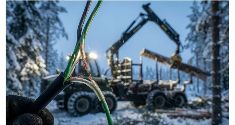 Green stick fracture in CAN bus wire on forestry forwarder – internal copper break hidden under intact insulation