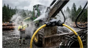 IP67 connectors on a forestry CAN network being pressure washed on a harvester boom