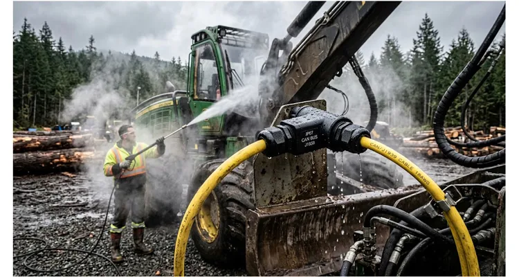 IP67 connectors on a forestry CAN network being pressure washed on a harvester boom