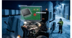 J1939 calibration fault concept: a heavy-duty truck dashboard showing SPN 4360 FMI 13 with a transparent overlay of corrupted EEPROM memory bytes, illustrating the root cause of wasted diagnostic hours.
