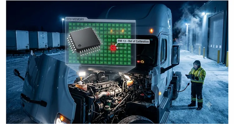 J1939 calibration fault concept: a heavy-duty truck dashboard showing SPN 4360 FMI 13 with a transparent overlay of corrupted EEPROM memory bytes, illustrating the root cause of wasted diagnostic hours.
