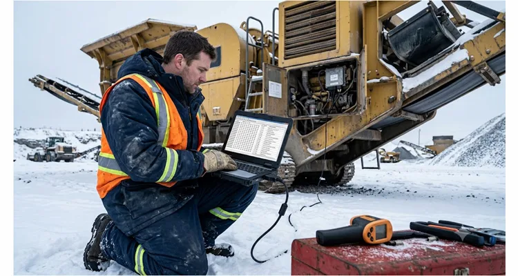 Field engineer cross-referencing J1939 SPN tables on laptop at rock crusher site to resolve ECU dictionary mismatch