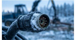 Corroded J1939 harness connector on a forestry forwarder in snow, showing water ingress and terminal fretting