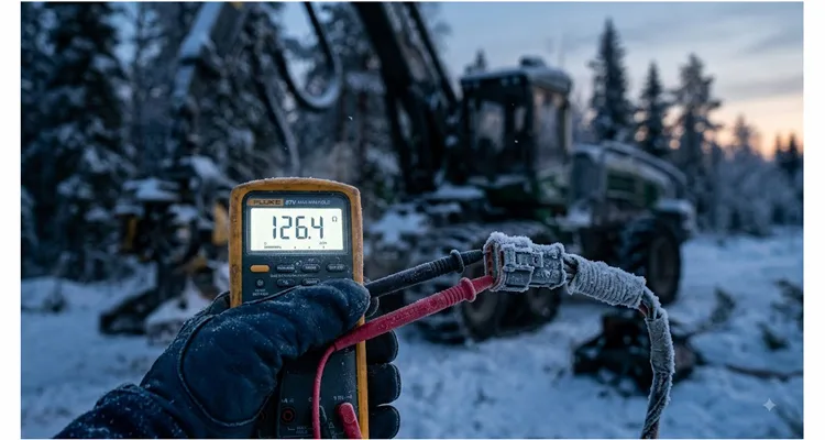 Multimeter measuring a J1939 terminating resistor on a cold forestry harvester