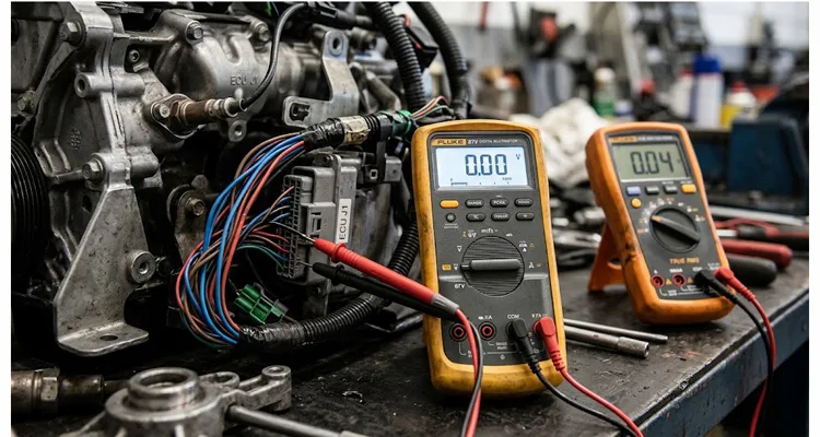 Multimeter input impedance comparison showing a 10MΩ meter reading 0.00V and a 1MΩ meter reading 0.04V on an automotive sensor ground wire