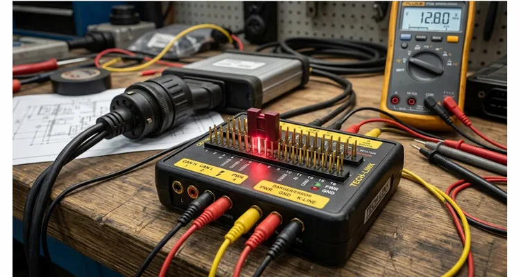 OBD2 breakout box with jumper across Pin 4 and Pin 5 causing a ground loop that can destroy the ECU