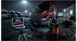 Technician diagnosing a phantom J1939 calibration timeout on a heavy-duty truck, oscilloscope shows clean CAN waveform while laptop displays timeout error, illustrating the ECU scheduler repetition rate trap.
