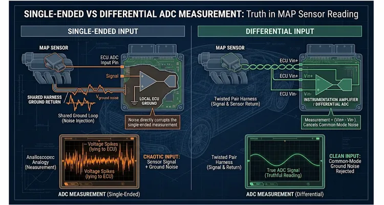 Single-ended vs differential ADC comparison for automotive MAP sensor ground noise reduction