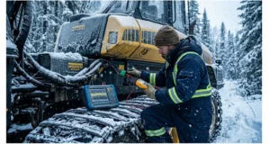 Field technician diagnosing SPN 639 FMI 9 CAN bus fault on a Ponsse Ergo harvester in winter forestry conditions