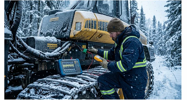 Field technician diagnosing SPN 639 FMI 9 CAN bus fault on a Ponsse Ergo harvester in winter forestry conditions