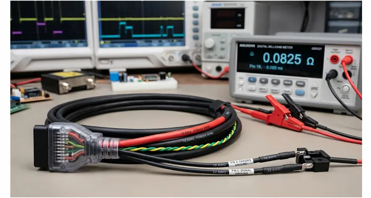 Test bench OBD cable assembly with AWG, loop resistance, and pin 4 pin 5 ground separation