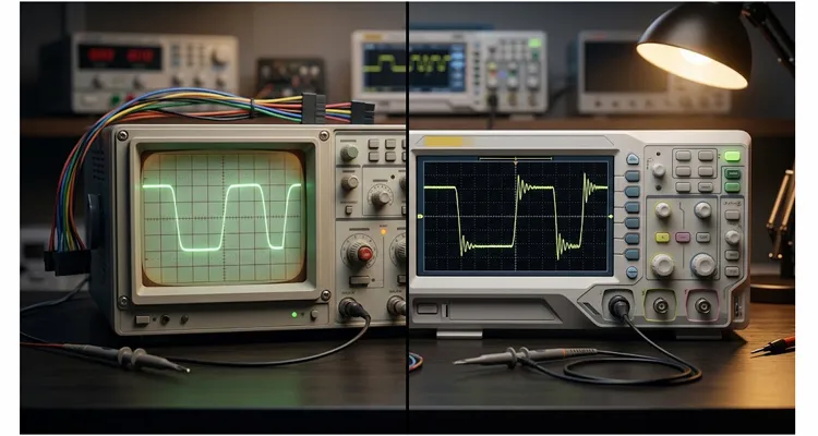 50 MHz oscilloscope vs 100 MHz oscilloscope CAN bus waveform comparison showing hidden ringing on J1939 differential signal