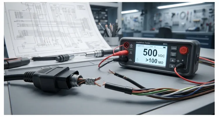 Macro view of diagnostic cable micro-fracture and 500VDC insulation resistance test meter