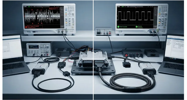 ECU bench flashing OBD cable specification gap comparison showing distorted CAN waveform with commodity cable vs clean waveform with instrumentation-grade cable