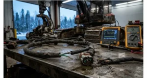 Forestry CAN harness failure showing green-stick fracture, corroded Deutsch connector, and failed termination resistor next to a feller-buncher articulation joint.