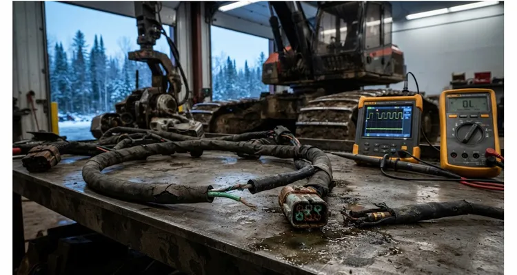 Forestry CAN harness failure showing green-stick fracture, corroded Deutsch connector, and failed termination resistor next to a feller-buncher articulation joint.