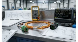 OEM engineer auditing a J1939 harness supplier with termination, shield continuity, and stub length checks