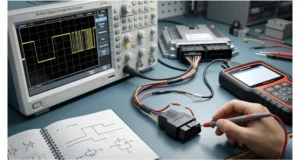KWP2000 K-Line scanner on OBD pin 7 with oscilloscope showing fast initialization waveform