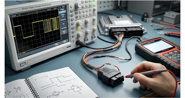 KWP2000 K-Line scanner on OBD pin 7 with oscilloscope showing fast initialization waveform