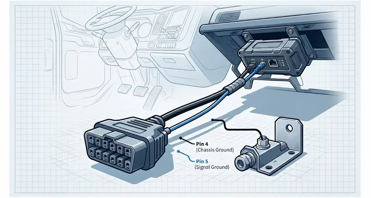 Separated Pin 4 Pin 5 OBD harness for fleet telematics installation preventing ground loops and CAN data errors in heavy-duty trucks